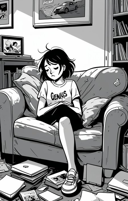 masterpiece,best quality,<lora:tbh373-sdxl:0.6>,illustration,style of exhausted people ,greyscale and white,comic tech genius teenage girl