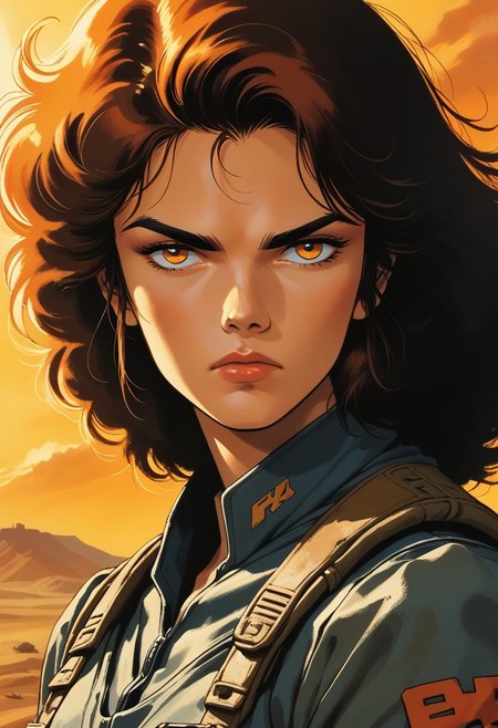 score_9, score_8_up, score_7_up, source_anime, 
1girl, grizzled mercenary, desert nomad, orange eyes, orange sclera, stillsuit, science fiction, head tilt, looking at viewer, from side, faint frown,  solo, orange dust, 
EnD_1980s_Style, 1980s (style), retro artstyle, d3t41l3d,