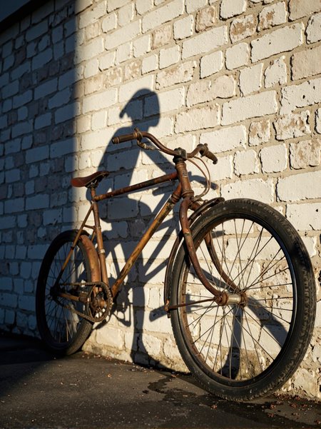 A rusted bicycle leaning against a brick wall, its shadow showing a rider pedaling furiously toward a horizon that isn’t there, the spokes spinning slightly even though there’s no wind, hyper-realistic textures, late afternoon light, shot on a Pentax K-1 with a 31mm Limited lens.