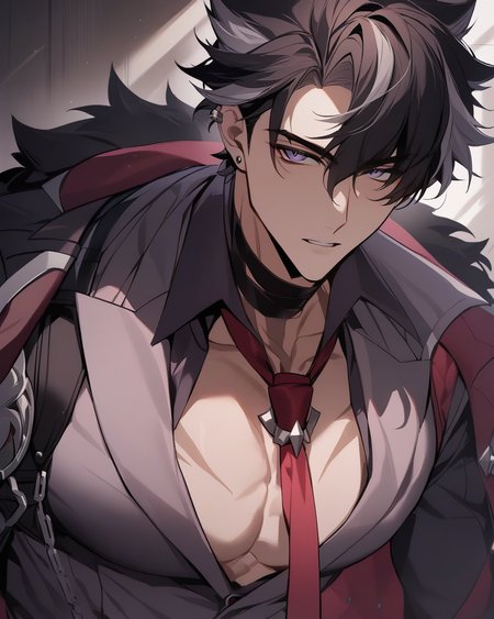 masterpiece,best quality,<lora:wriothesley_(genshin_impact):1>,1boy, male_focus, solo, black_hair, necktie, red_necktie, pectorals, upper_body, looking_at_viewer, jewelry, shirt, short_hair, earrings, bangs, coat, collared_shirt, purple_eyes, black_shirt, muscular, parted_lips, chain, multicolored_hair, lapels, muscular_male, black_coat, hair_between