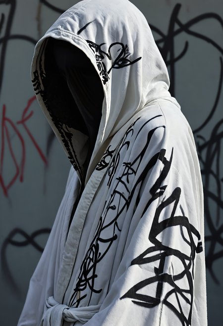 somber, ghostly figure in robe covered with wildstyle graffiti  on sanskrit, long beak, close up, Viviane Sassen, <lora:add-detail-xl:1>, <lora:DD-Drawing-XL:1>