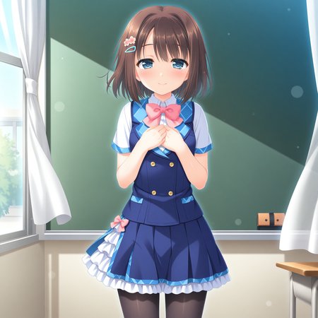 <lora:Seguchi_Mahiru_1_nai-000041:1>,Seguchi Mahiru,
hairclip,hair flower,pink flower,blue vest,black pantyhose,pleated skirt,frills,short sleeves,white shirt,frilled skirt,white skirt,pink bowtie,pink bow,collared shirt,blue skirt,
BREAK
1girl,solo,smile,standing,straight-on,looking at viewer,front view,curtains,window,wind,day,classroom,chalkboard,own hands together,hands on own chest,