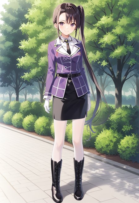 1girl, solo, park, full body, standing,  <lora:KC_03HC_nachi_pony:1> nachikc, black_hair, side ponytail, very long hair, brown eyes, tsurime,        nachikaikc, purple_jacket, white collar, white gloves, black belt, black skirt, pencil skirt, white pantyhose, boots, score_9,score_8_up, score_7_up, source_anime, masterpiece, best quality,  official art, official style, game cg, megami magazine, rating_safe, rating_questionable, <lora:Fixhands_anime_bdsqlsz_V1:0.75>, NEGATIVE_HANDS