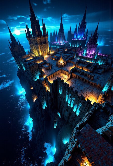 A vertiginous view of a crumbling medieval castle with many spires built o top of a cliff at the edge of an abyss, standing on edge of chasm, mythp0rt