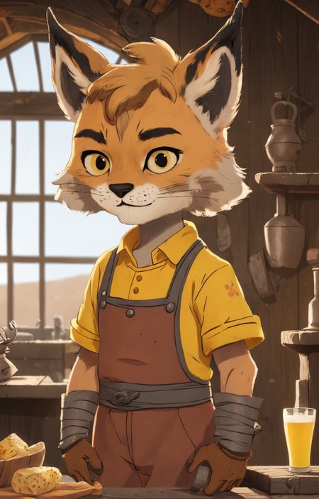 extreme face close-up of a cute lynx kid character portrait, (fallout theme:1.1)  barkeep, simple yellow clothes, apron, cozy rustic pub interior in background,  rust, wall-decorations,  hearth, goblet, plates,   fantasy atmosphere, <lora:COOLKIDS_XL_0.3_RC:0.7>