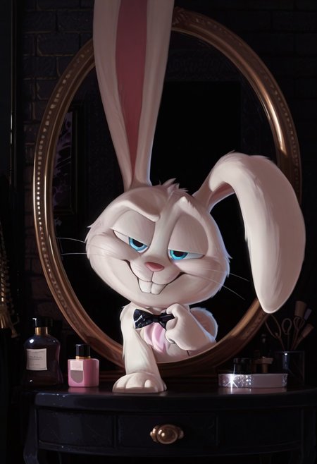 masterpiece, amazing quality, absurdres, ultra-detailed, detailed fluffy fur, no humans, furry male, solo, short, alec_azam, 1boy, white fur, blue eyes, whiskers, buck teeth, grin, teeth, rabbit tail, long ears, (droopy ears:1.1), unaligned ears, smug, half-closed eyes, eyelids, big black bowtie, sequined bowtie, glitter bowtie, detached collar, adjusting bowtie, hands up, head tilt, fluffy, body fur, fewer digits, 4 fingers, looking at viewer, big head, upper body, leaning forward, raised eyebrow, 
BREAK
looking at mirror, indoors, dressing room, vanity table, v4n1ty, hollywood mirror, mirror lights, bottles, (cosmetics:0.8), dark room, brick wall, light particles, detailed shading, WaiIL25PosC