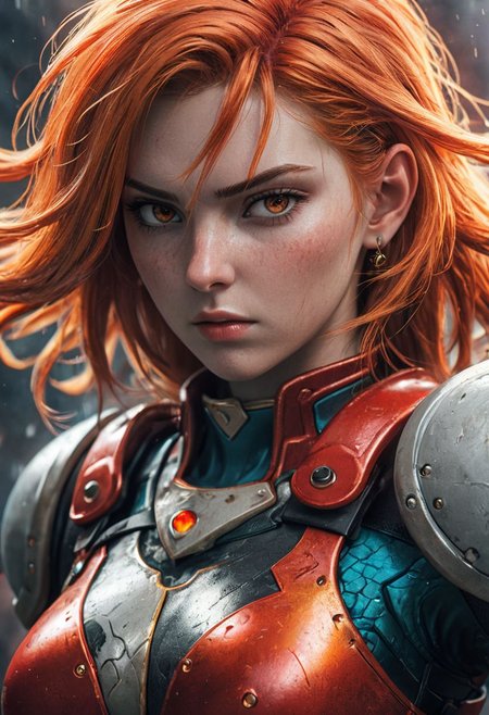 An illustration of a fierce character with fiery hair, in the style of Molecular, [lara croft:(princess peach:1.2):(zelda princess):panam palmer:samus:ciri:(jill valentine)], Al Capp, intense and powerful, photo-enhanced, cyberpunk genre, fiery red