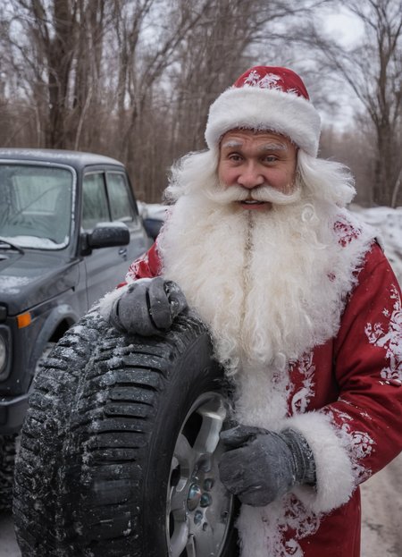 portrait surprised (Russian red DedMoroz:1.8) repairs a wheel near a (broken lada_niva:1.2), car wheel, (staff, beard, eyes:1.2), winter, 8k, F2.8, RAW Photo, ultra detailed, real life,  <lora:DedMoroz:1>  <lora:lada_niva:1>