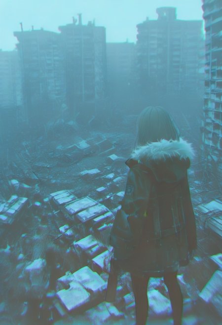 1girl, ruins, solo, chromatic aberration, building, from behind, fur trim, outdoors, standing, post-apocalypse, jacket, holding, overgrown, rubble, coat, gun, facing away, pantyhose, hood, hood down, city, long sleeves, weapon, blue theme, holding gun <lora:748cmXL_NB11_lokr_V6311P:0.95>