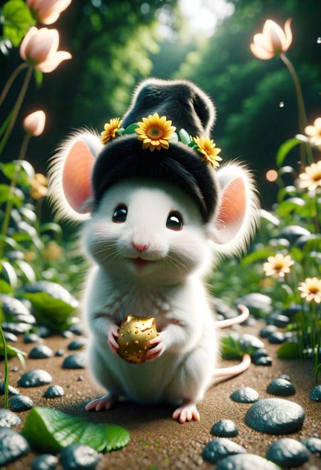 ral-fluff,<lora:ral-fluff:1>,
chibi,masterpiece,best quality,original,official art,black metallic fantasy mice,hat,flower,blurred background,rendering,beautiful detailed glow,(detailed ice),beautiful detailed water,sunny, blurred flower, happy, stand in Front of Hause
