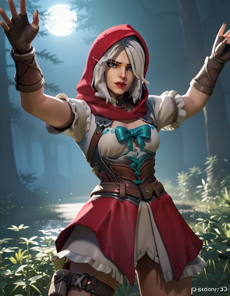 score_9, score_8_up, score_7_up, 1girl, 3d, solo focus, red hood ashe, ashe (overwatch) , in a forest <lora:Redhood_ashe_pony-000040:1> Legs apart arms outstretched