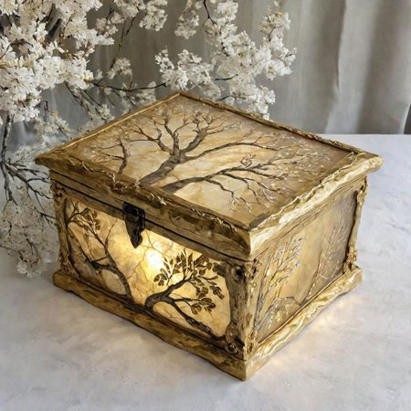 A beautifully crafted gold baroque style birch box, Glass fused light with rice paper, with the lid open fransforming to small birch trees, universal energy device inside,  glowing, illuminating a beautifully decorated in baroque style