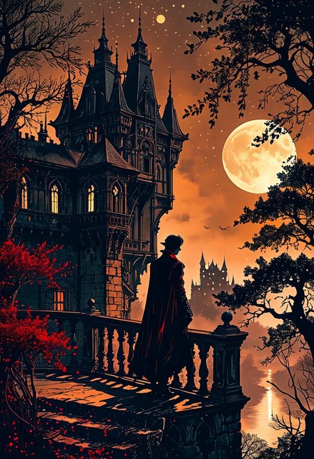 linquivera,  Ink illustration, (anime:0.5), brown tones, aged black red paper, inkpunk, moonlight,surreal, a vampire lord standing on a castle balcony in the forest, (at a distance), Will-o'-the-wisp, moonlit, lonely, solitude, windy, tall trees, willows, willowy,  OverallDetail, extremely detailed, UHD,(long exposure , dystopian but extremely beautiful:1.4),