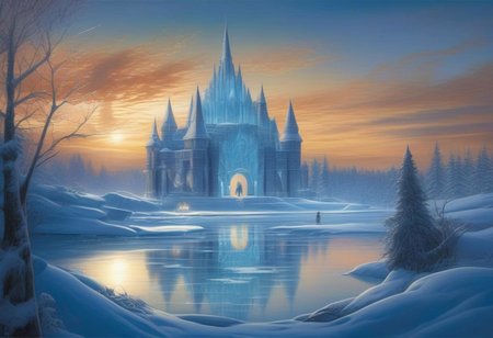 A whimsical winter wonderland, 
with ice sculptures and twinkling lights adorning the frozen lake. evening, 
intricate design, 
cinematic lighting, 
LP cover, 
Giger Marc Simonetti print, 
Mysterious