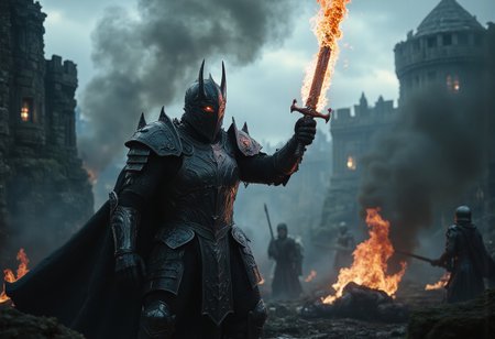 (movie:1.3) (photo:1.4).(ebberon  warforged, sentient suit of armor, A knight, wreathed in tenebrous plate armor with glowing fiery orange-red through the armor's seams as do his eyes, raises a formidable broadsword amidst a melee. the sword glows with intense heat. He is surrounded by other knights, their figures rendered less imposing implying his dominance. The scene is rendered with a muted palette of grays and blacks, contrasted by the knight's smoldering sword. Utilize a low camera angle, emphasizing the knight's imposing stature and the weight of the impending conflict. Enhance the background with the  forms of fallen warriors, adding a layer of palpable eeriness to the composition.).. cinematic movie-still style photo. gloomy atmosphere.. dark fantasy aesthetic in the style of game of thrones! The scene shows a huge open plane, a ruined keep, a huge open space, <lora:MidjourneyV6.1:1> (highly detailed:1) <lora:FLUX-Vintage_Abstract_Film:0.4> <lora:flux_train_replicate:0.4> <lora:ImageUpgraderV2:0.5>»