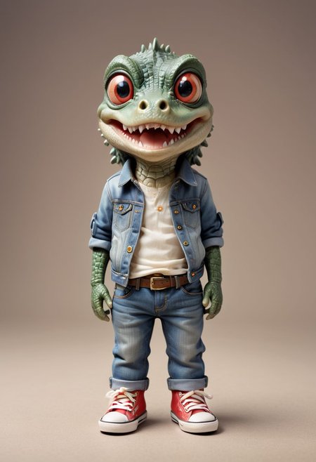 Cute little happy miniature chibi crocodile with big comically bright eyes, wearing jeans and converse shoes, hands in pockets