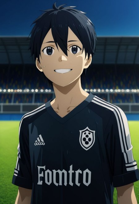 high resolution, professional photography, best quality, 1Boy, Kirigaya Kazuto, Black Hair, Black Eyes, overalldetail, Soccer Boy, soccer player, field, potrait, depth of field, happy, tired, celebration