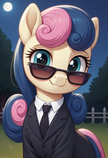 score_9, score_8_up, score_7_up, score_6_up, score_5_up, score_4_up, pony, feral pony, ((anatomically correct)), g4, Sweetie Drops, black coat, white blouse, black tie, sunglasses, happy, smile, look at you, night, beautiful, detailed, (detailed cute pony face), detailed fur, beautiful, vector, flat colors, (beautiful long eyelashes), blushing, filly, foal, foalcon