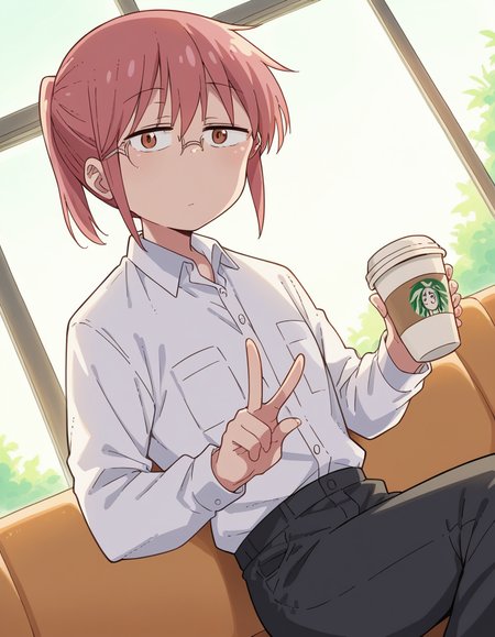 score_9, score_8_up, score_7_up, source_anime, <lora:dragon-kobayashi-s2-ponyxl-lora-nochekaiser:1>, kobayashi, ponytail, pink hair, glasses, short hair, brown eyes,, shirt, long sleeves, white shirt, collared shirt, pants, black pants, office lady,, cafe, coffee cup, barista, sitting down, talking, relaxing, sunlight through window, , looking at viewer, v, v over eyes,, solo,, dutch angle,