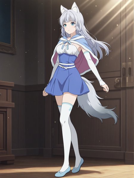 (blue capelet blue dress detached sleeves white thighhighs blue flats:1.50), 
km-shigure, blue eyes, grey hair, bangs, long hair, wolf ears, wolf tail, 
medium breasts, 1girl, 
(masterpiece, highres, ultra-detailed,very aesthetic, best quality, absurdres, high quality, highres), 
,
,
(:1.20), 
BREAK,
,
light particles light rays
,
(solo:0.80), (skinny:0.8),
(),
<lora:km-shigure-V04-illXL:0.70>