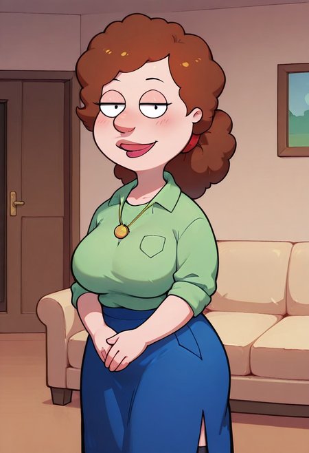 score_9,score_8_up,score_7_up,score_6_up,best quality, 1girl, solo, living room, couch, indoors,
BREAK
unnamed girl, brown hair, black eyes, big nose, (mature female:1.5), (plump:1.2), large breasts, gigantic hips, thick thighs, green sweater, rolled up sleeves, blue skirt, stockings, own hand together, blush, smile, looking at viewer, long skirt, half-closed eyes, necklace,