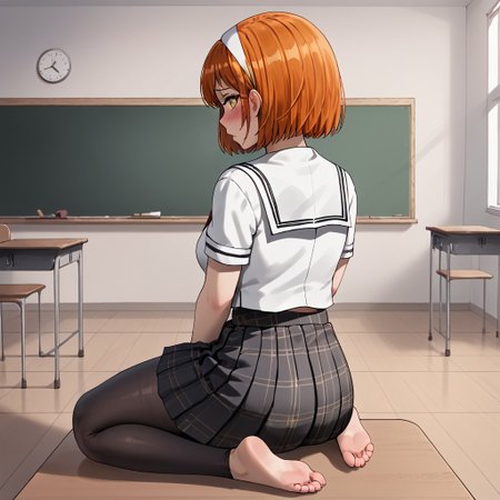 1girl, petite body, short, cute girl, orange hair, short hair, hair band, golden eyes, sailor uniform, short black shirt, short black plaid skirt, black tights, shy, blushing girl, medium breasts, small ass, classroom, full body