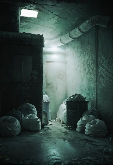 ,ruanyi0984,indoors,trash bag,trash can,industrial pipe,<lora:0984 Untitled_v1_pony:1>, score_9,score_8_up,score_7_up,,8k,1girl,solo,,