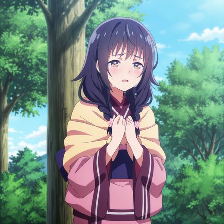 nsfw, masterpiece, best quality, 1girl, solo, seirei_gensouki_sayo, standing, sad, crying, tears, japanese clothes, kimono, hair ornament, hair flower, open mouth, braid, crying with eyes open, outdoors, twin braids, tree, long hair, brown eyes, day, sky, <lora:Sayo_-_Seirei_Gensouki:0.7>
