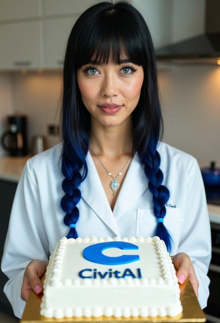 A beautiful woman holding a rectangular white frosted cake that says "CivitAI" with the blue "C" civitaiLogo in the center. The woman has long straight black hair with long braided blue hair hanging down while wearing a necklace and labcoat. She has blue eyes and short bangs framing her face.  Behind her is a neat and tidy kitchen  with soft lighting.