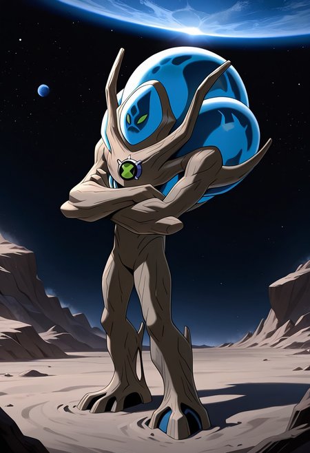 masterpiece, best quality, amazing quality, very aesthetic, absurdres, newest,
,ultswam, standing, pokemon (creature), solo, green eyes, monster,, alien, massive arms, no humans, 
crossed arms, in space, lunar surface, space, atmosphere layer, ozone, blue sun,