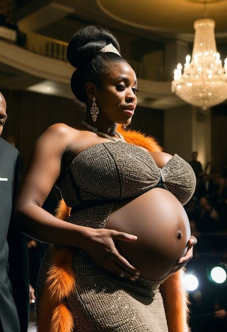 (very elderly 80 yo  :1.8) Polaroid picture of a drunk busty voluptuous curvaceous  african-american woman, huge breasts,(huge brown aeraolas:1.5), (parading her pregnancy bump ,(action angle((obeying comands)))   on stage  :2.0)
 at a luxury gala event. She is styled in an intricate updo adorned with gemstone hairpins, each sparkling with a unique jewel tone. Her gown is a strapless masterpiece, encrusted with dazzling multicolored gems that shimmer like stardust in the golden ambient lighting of a grand staircase. She wears cascading chandelier earrings, layered diamond necklaces, and a plush burnt-orange faux fur stole draped over her shoulders. In one hand, she elegantly holds a slim metallic clutch, and in the other, a delicate golden cigarette holder. The background features glowing chandeliers, ornate banisters, and a sense of opulence fit for a high-society ball.
, hyperrealism, photorealism, highly detailed, full view, realistic cinematic shot, dynamic lighting, 75mm, Technicolor, Panavision, cinemascope, sharp focus, fine details, 8k, HDR, realism, realistic, key visual, film still, cinematic color grading, depth of fieldcontact test, automatic film strip,kodak gold 800 analog film, ultra wide angle, faded, blurry, pixelated, damaged, high iso, motion blur