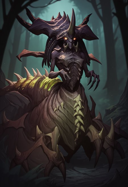 score_9, score_8_up, score_7_up, score_6_up, score_5_up, score_4_up, 1girl, <lora:Zagara:0.85> , horns, no humans, monster, yellow eyes, solo, glowing, glowing eyes, spikes, looking at viewer, full body, 
dark forest background, blurry background,