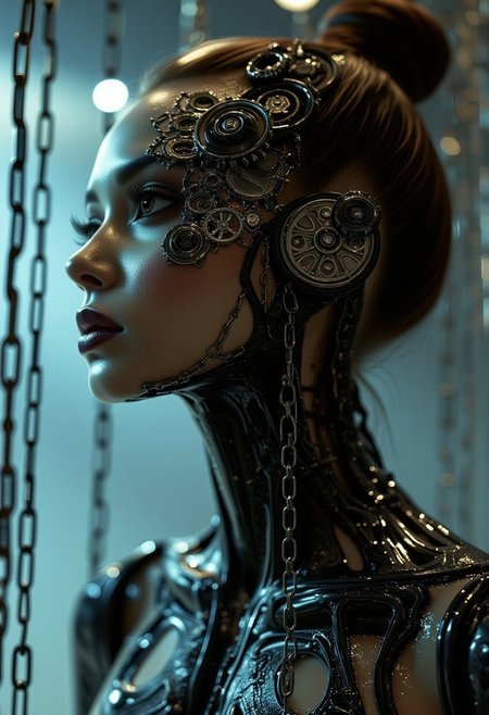 masterpiece, high detail, ArsMJStyle, dnddarkestfantasy, masterpiece, stunning oriental robot woman, made of clockwork cogs, wires and cables, abstract, fractal art. highest definition, HD32K, wallpaper, hyperdetailed, concept art, extreme closeup, side profile