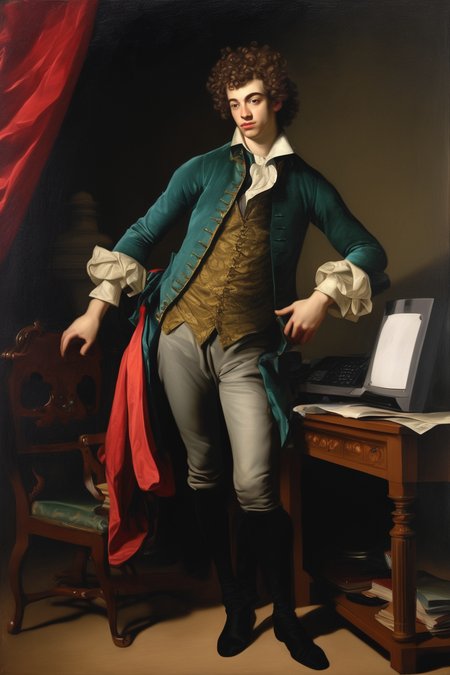 John Singleton Copley Style - full body portrait of a young man with curly hair at his computer