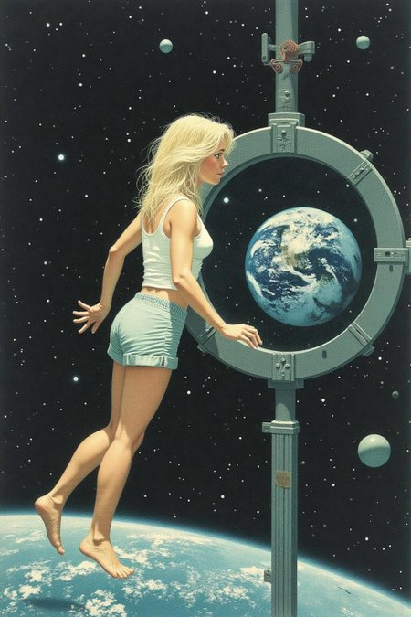 jeanleonhuens1 illustration.
Side profile view of a blonde, floating weightless, space station. She is wearing short shorts, white tank top and barefoot, and looking outside towards earth. She is melancholic, and is thinking of her family back on earth. <lora:jeanleonhuens1_ap_d6a3e12:1.0><lora:844819375916662894:0>