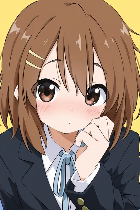 masterpiece, best quality, amazing quality,
 <lora:Cynical_IL:1> cynical, 1girl, sakuragaoka high school uniform, brown hair, solo, winter uniform, school uniform, brown eyes, blue ribbon, hair ornament, hairclip, looking at viewer, jacket, short hair, yellow background, upper body, white shirt, bangs, shirt, ribbon, closed mouth, long sleeves, blush, blazer, neck ribbon, hand up