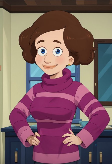 ((room background)),score_9, score_8_up, score_7_up,score_6_up, 
1girl, Solo, Bernie_BM, light skin, blue eyes, dark brown eyebrows, voluminous wavy bob cut, short hair, dark brown hair, pink and purple striped turtleneck sweater, navy blue skinny pants, light brown winter boots, big eyes, cute, medium height, social smile, perfect eyes, perfect smile, looking at the viewer, detailed eyes, perfect eyes, standing, big breasts (front pose, bust shot) five fingers, perfect hands, hands on hips
