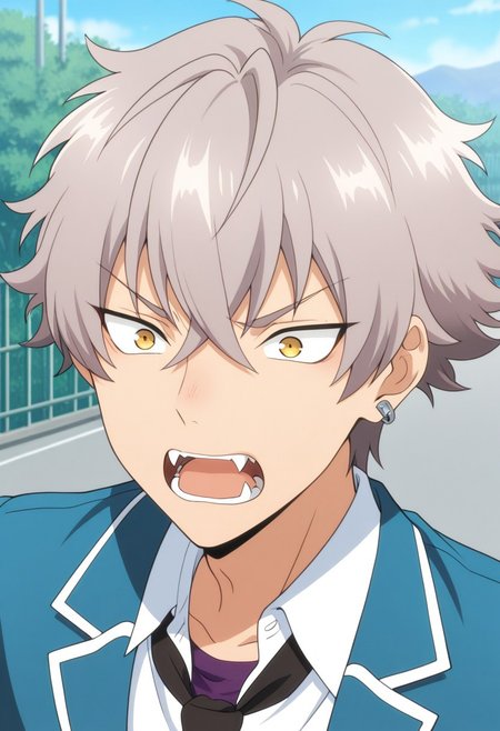 masterpiece,best quality,amazing quality, source_anime, 
kogaoogami, 1boy, male focus, solo, yellow eyes, grey hair, jewelry, earrings, school uniform, purple undershirt, shirt, white shirt, collared shirt, necktie, black necktie, jacket, blazer, blue jacket, portrait, open mouth, fangs,
outdoor,