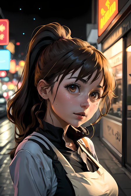 1girl, taneshima_popura, (high detailed skin:1.2), 8k uhd, dslr, soft lighting, high quality, solo, huge breasts, ponytail, apron, dark background, neon background, lewd face, neon buildings, night, night lights, night city, glowing lights, buildings, windows, stars, close-up, <lora:taneshimaPopuraWagnaria_popuraV1:0.6>,