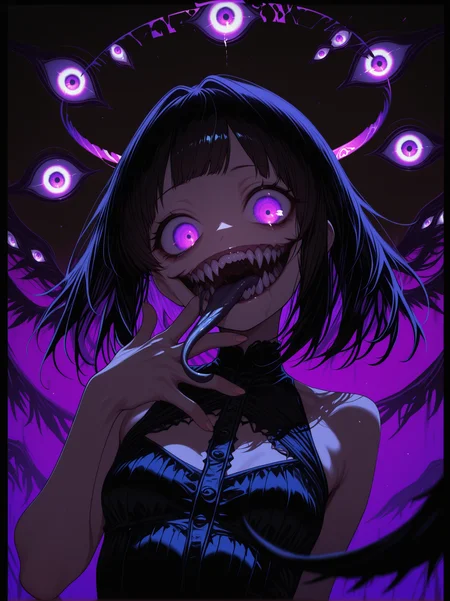 masterpiece, best quality, newest, highres, absurdres, 
 <lora:Eldritch_horror_concept_LoRA:1.2> 1uxfer0, destroyed head, eldritch abomination, (teeth:1.2), (sharp teeth:1.2), tongue,( long tongue:1.3),  tongue out, open mouth, (halo:1.4), 
1girl, (solo:1.2), small breasts, looking at another, 
 upper body, dynamic pose, 
(glowing:1.2) purple hand, hand focus, foreshortening, depth of field, out of frame,
<lora:HerrscherAGGA2025_Ramme_ConceptLora_V1:0.8> Ramme_CL, Ramme, two-tone background, out of frame, (extra eyes background:1.3), dark background, /(color)/ background, border, (outline:1.1),