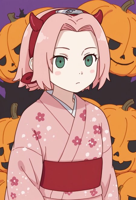Score_9_up, score_8_up, score_7_up, source_anime, Expressiveh, perfect eyes, 1girl, solo, 1girl, haruno sakura, pink hair, short hair, green eyes, slim body,Small breasts,
halloween background,((pink kimono)),pumpkins,((Red plastic headband with small devil horns)), cute little demon