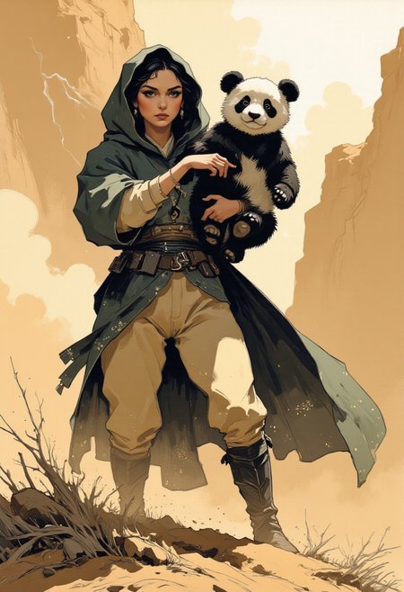 Depict a dramatic scene where a woman, clad in a hooded robe, battles against a fierce sandstorm.  The strong wind whips her robe around her, creating dynamic folds and shapes as it strains against the fabric.  The focal point of the image is the panda cub she is carefully lifting.  The cub, small and vulnerable, is held protectively in her arms, its fur ruffled by the wind.  The sandstorm rages around them, swirling sand and dust into the air, creating a hazy and chaotic environment.  The scene should be a full body view, showcasing the woman's strength and determination as she struggles against the elements.  Her face may be partially obscured by the hood and the blowing sand, adding to the mystery and drama of the moment.  The overall composition should convey a sense of urgency and danger, emphasizing the woman's heroic effort to protect the panda cub amidst the harsh conditions of the sandstorm.  The lighting could be dramatic, perhaps with a low sun or a flash of lightning, to further enhance the intensity of the scene.
stylized illustration, brush strokes, sr3fmj, Anime, Niji, artipencil01