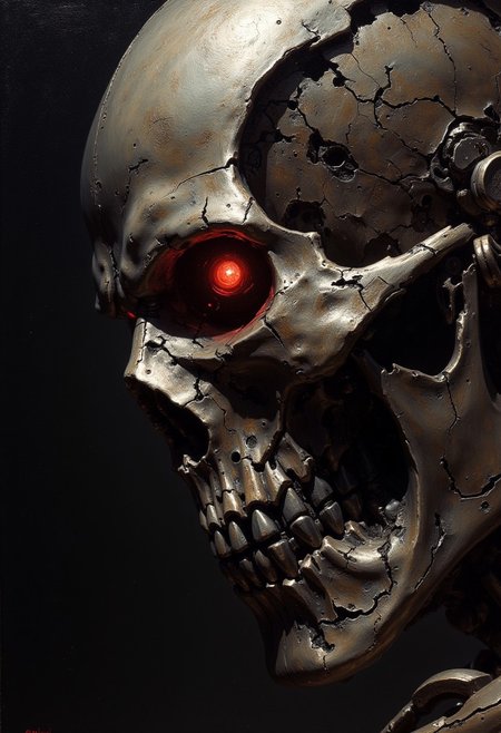 detailed renaissance oil painting, masterpiece, FredFraiStyle, close up on face, great lighting, intricate detail, portrait of endoskeleton of terminator cybernetic machine soldier, with titanium skull and red glowing mechanical eyes, silhoutetted,  directional lighting, masterpiece, perfect composition, perfect hands, cowboy shot