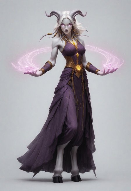 (absurdres, highres, best quality, masterpiece:1.4), 
score_9, score_8_up, score_7_up, score_6_up, 
detailed, 
detailed body, 
detailed face, 

(culDraenei, 
female, 
purple eyes, 
no sclera, 
no pupils, 
athletic, 
tall, 
slim, 
pale skin,
grey skin, 
long ears),

loose long purple dress,  
yellow pendant, 
sleeveless, 
magical spell, green aura, 

cheerful, 
(((full body))), 
posing, 
floating, 

(((white background, plain background))), 
(((no objects in background)))