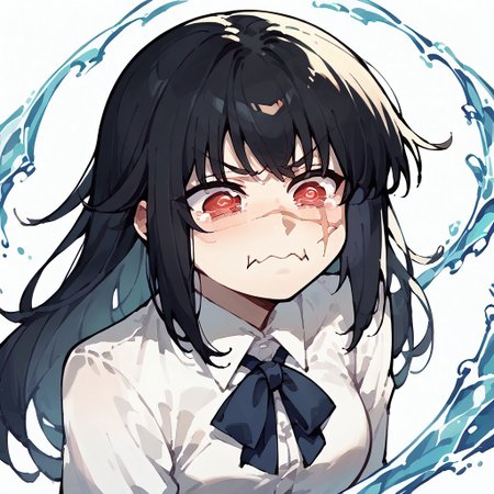 score_9,score_8_up,score_7_up,score_6_up,score_5_up,score_4_up, white background, solo, 1girl, aquacrying, wavy mouth, closed mouth, tearing up, yoru, scar on cheek, cross scar, long hair, black hair, red eyes, ringed eyes, white shirt, neck ribbon, water splash, flying ribbons, face focus,
