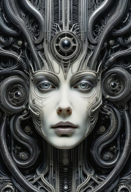 detailxl, high quality,
(black blank background:1.2)
(woman face, looking at viewer, multiple eyes open :1.4),
(mechanical, organs, engine, wires, contraptions), 
(painting illustration by HG Giger:1.8)