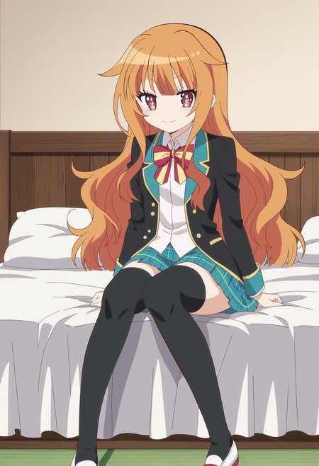 score_9, score_8_up, score_7_up, score_6_up, score_5_up, score_4_up , anime coloring ,BREAK source_anime, anime,screencap,
1girl, solo, gjbu mao, school uniform, black thighhighs, plaid skirt, blazer, long hair, white footwear,  <lora:PonyXL GJBU Mao V5:1>
indoors,bedroom
smile, looking at viewer, sitting on bed,