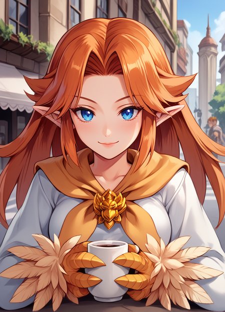 (score_9, score_8_up, score_7_up), best quality, perfect face, (masterpiece), MGE, 1girl, masterpiece, expressive eyes, monster girl, MGE artstyle, (harpy), animal limbs, (winged arms), feathered wings, prehensile wings, animal legs, thighhigh fur, pointy ears, ear fluff, breasts, consistent features, <lora:MGE_V5.3:0.9>, outdoors, city, street, cafe,  evil smile,  <lora:malon_cremia-v1_pdxl:0.7> , malon, 1girl, blue eyes, orange hair,