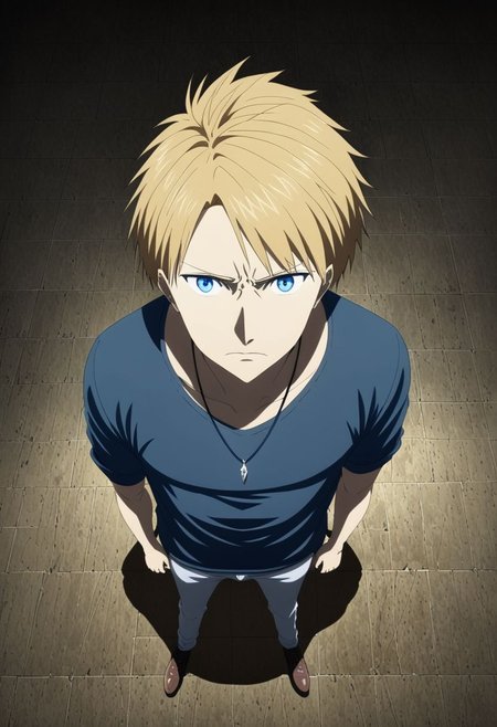 high resolution, solo, best quality, 1Boy, Yamato Ishida, Blond Hair, Blue Eyes, Necklace, standing, straight facing upwards, casual, seen from above, arrogant face, dominant, intimidate, OverallDetail