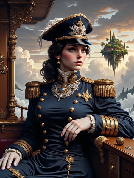 highly detailed and intricate classic victorian era portrait of a beautiful female steampunk admiral, capturing elegance and realism through soft, detailed brushstrokes, blending steampunk with romanticism, adding refined, luxurious textures and a soft, glowing atmosphere, muted colors, on the deck of an opulent airship sailing high above the clouds, the dramatic sky forms a vast backdrop, scattered with soft, painterly clouds, and in the far distance a lush, floating wooded island, ethereal and dreamlike, suspended in mid-air, its verdant greens softened by mist, in the foreground, the airshipâs deck is lined with intricate brass railings polished to a fine gleam, accented by rich, mahogany wood inlays that reflect light, while in the background the soft, billowing clouds stretch across the sky, the distant floating island with delicate foliage and faintly glowing waterfalls adds a fantastical touch, the central figure, a beautiful female admiral with black hair and an admiral's hat, commands attention with an aura of refined grace, her stance calm yet assertive, her uniform is both military and noble, exquisitely adorned with fine embroidery, delicate gold accents, and subtle metallic details, a richly embellished tricorn hat adds a touch of nobility and distinction, her expression is serene and contemplative, her gaze directed beyond the viewer, her eyes reflecting wisdom and strength, her ornate uniform, in shades of navy blue and deep bronze, is embellished with finely crafted silver embroidery and brass buttons, each detail illuminated softly, her hand rests gracefully on the polished brass railing, evoking elegance and control, her posture dignified and slightly angled to reveal the ornateness of her attire, a three-quarter portrait, from the waist up, rendered in a traditional style, the eye-level perspective creates an intimate connection, as if capturing a formal sitting, the floating island covered in lush forest is softly visible over her shoulder in the distance, adding subtle layers of mystique to the composition, gentle, diffused light creates a soft glow across her face and uniform, bathing her features in warm, golden highlights that evoke sunlight on fine silk and polished brass, the light casting a delicate glow onto the brass accents and embroidered details, lending an almost ethereal quality to the scene, the distant floating island is bathed in faint, mystical hues, enhancing the portraitâs romantic allure, oil on canvas, with layered, flowing brushstrokes, capturing the delicate interplay of light and shadow on fabric, metal, and skin, ethereal, mythp0rt, <lora:style-mythic_fantasy-v2-flux-by_velvets:0.76> <lora:style-classic_paint-flux-by_andreac75:0.36> <lora:image_enhancer-flux-by_dever:0.96>